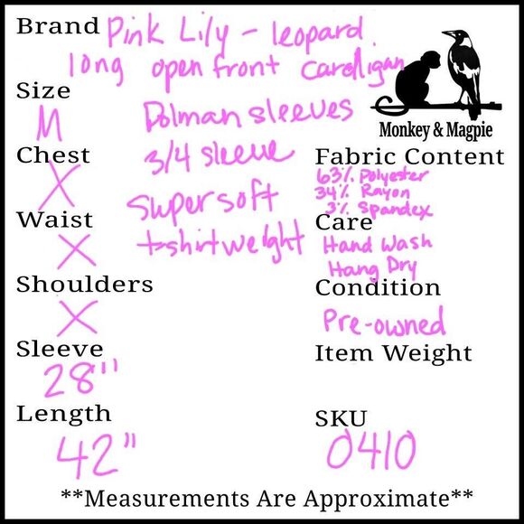 Pink Lily Women's Leopard Print Cardigan Open Front Dolman Super Soft USA M - Picture 7 of 7